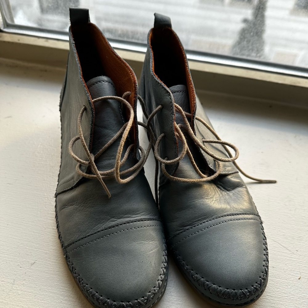 Blue Leather Laced Ankle Boots